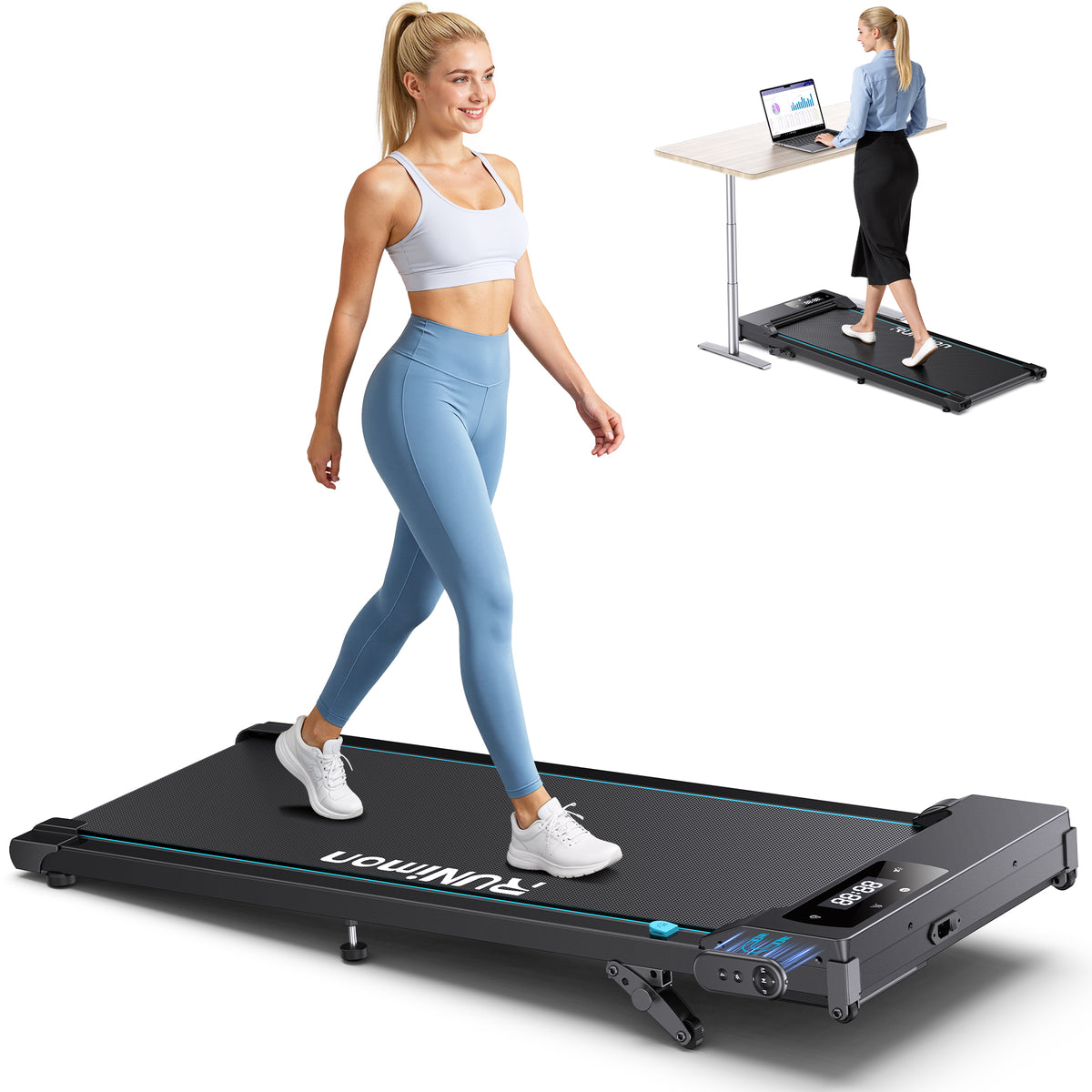 Walking Pad mit Steigung 9%, 5-IN-1 Walking Pad Laufband Schreibtisch, Laufband für Zuhause klein Mit 2,75PS bürstenlosem Motor,LED-Anzeige & APP, Fernbedienung, 8KM/H,130KG Marke: RUNIMON
