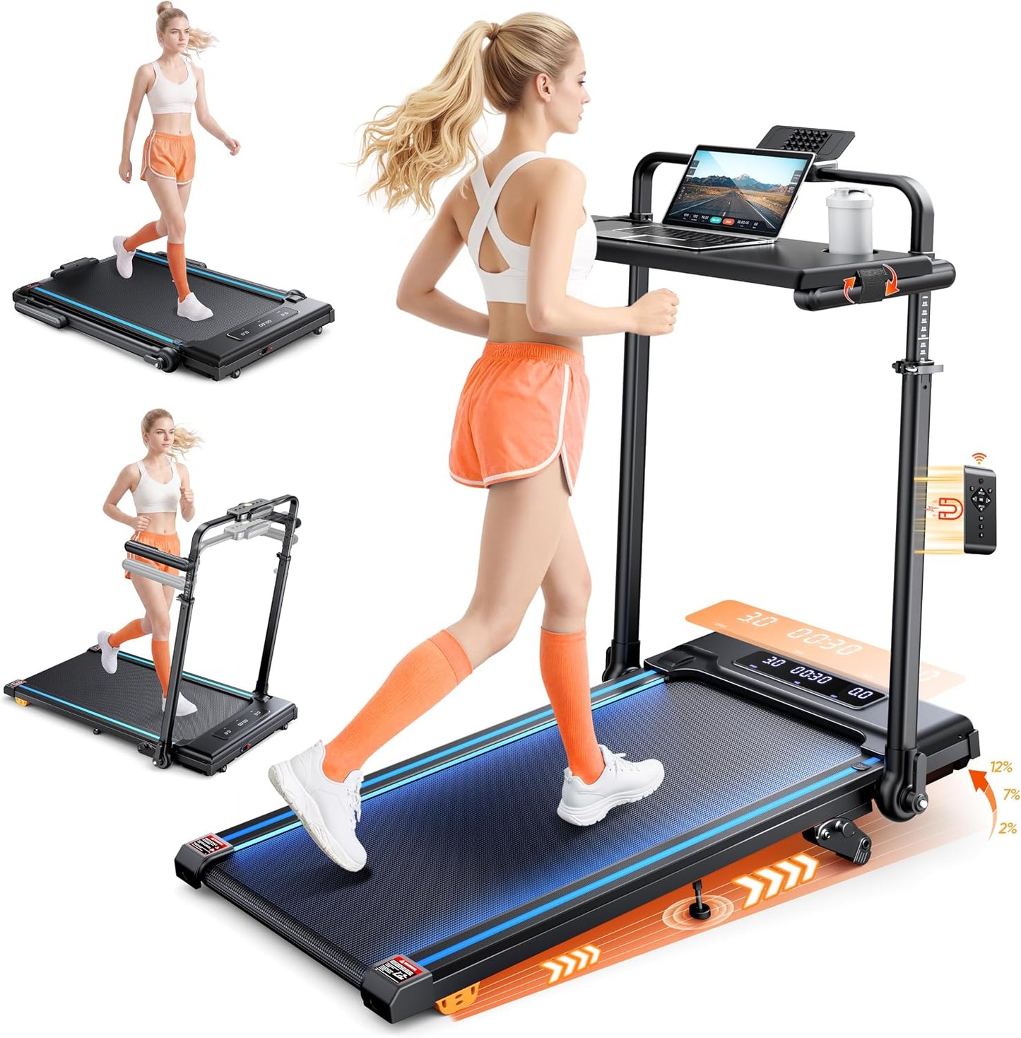 6-IN-1 Laufband für Zuhause Klappbar,3.0HP Laufbander mit Steigung 2%-7%-12%,12KM/H Walking Pad Klappbar mit Abnehmbarem Tisch&15cm Teleskop-Riser&RGB-Lichter,Laufband für Zuhause 150KG