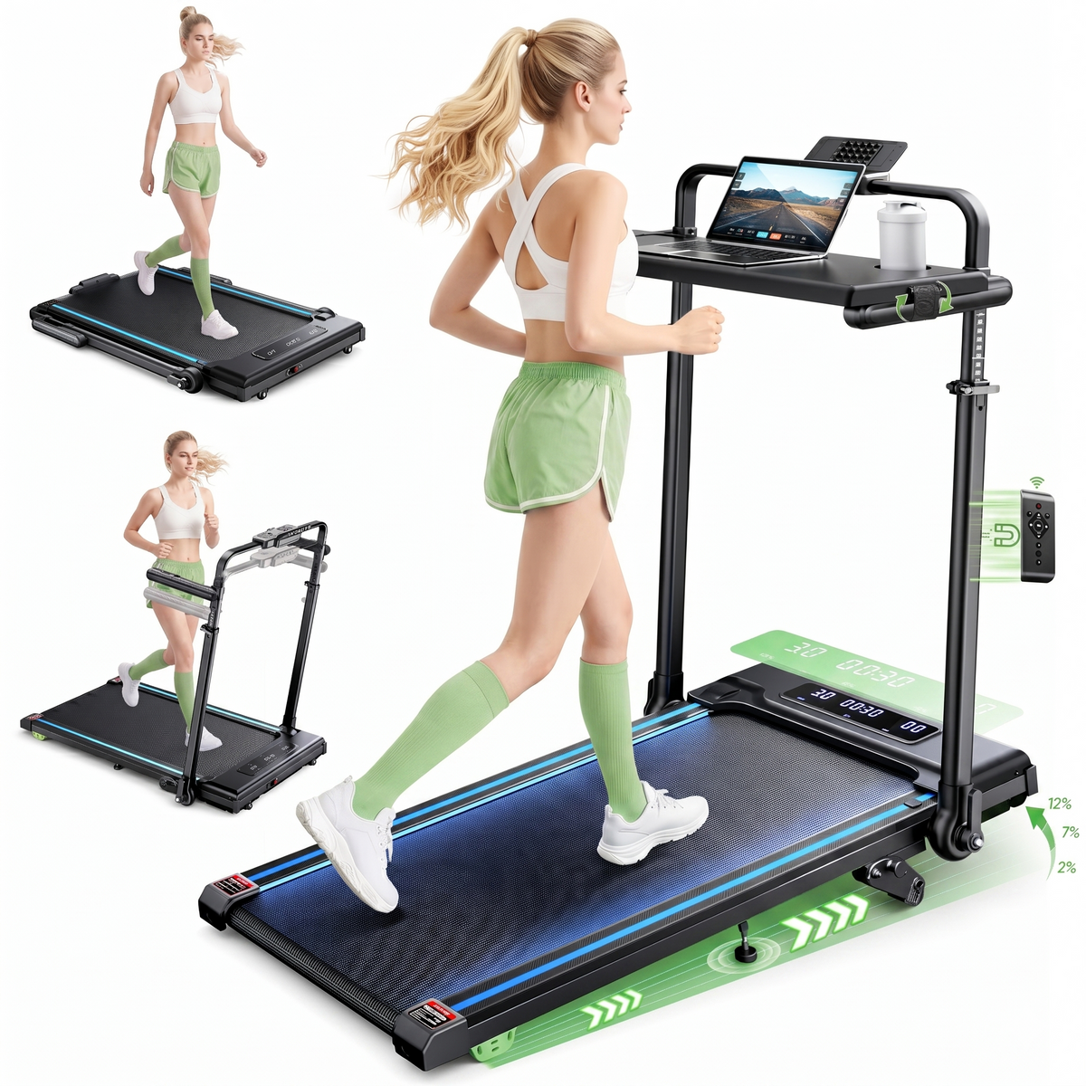 3.0HP Treadmill with Handle and 2%-7%-12% Incline, 6 in 1 Walking Pad Folding Treadmills for Home Foldable with 1-12KM/H, RGB Lights,LED Display,Magnetic Remote&APP Control